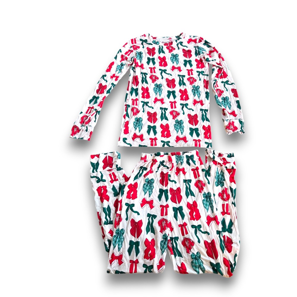 In my Jammers Red Green Christmas Holiday Bow Pajamas Set Bamboo Girls 9/10